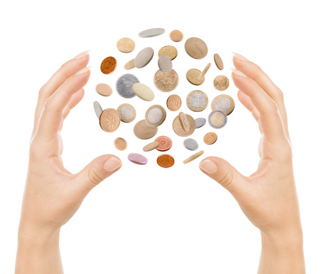 man hands and falling coins isolated on white backgroundの写真素材