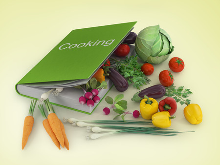 open cookbook.  book and food ingredientsの写真素材