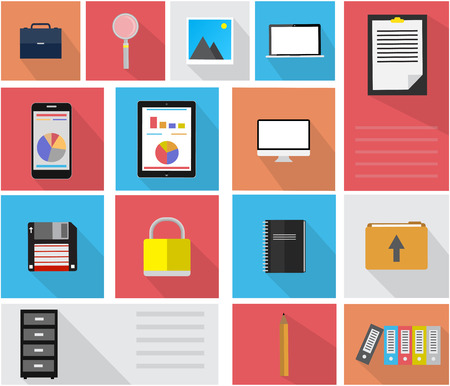 Flat design style modern vector illustration icons set of graphic designer items and tools, office various objects and equipment. Isolated on stylish color backgroundのイラスト素材