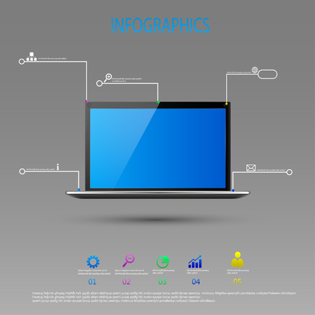 Infographic design with realistic 3d laptop computer with blue sky wallpaper on screen can be used for workflow layout, diagram, chart, number options, web design. Eps 10 stock vector illustrationのイラスト素材