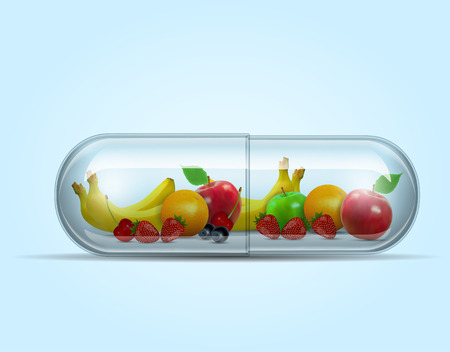 Different fruit in capsule - healthy diet conceptのイラスト素材