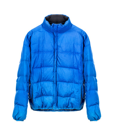 blue winter jacket isolated on whiteの写真素材
