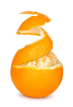 ripe orange peeled skin on a white backgroundの写真素材