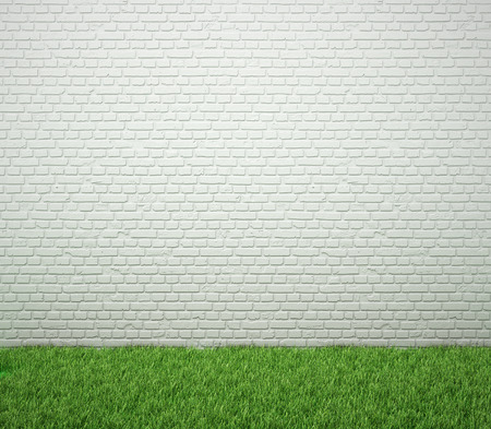Brick wall with green grass. Blank for drawing.の写真素材