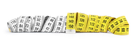 Yellow and white measuring tape isolated on white background