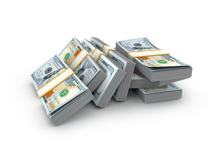 Creative abstract business financial success and making money concept: stacks of new dollar banknotes or bills isolated on white backgroundの写真素材