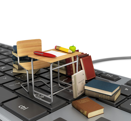 Keyboard with chair desk and books. Online learn concept.の写真素材