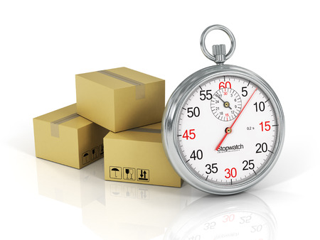 Express Delivery Concept. Cardboard Boxes with a Stopwatch isolated on white background.の写真素材