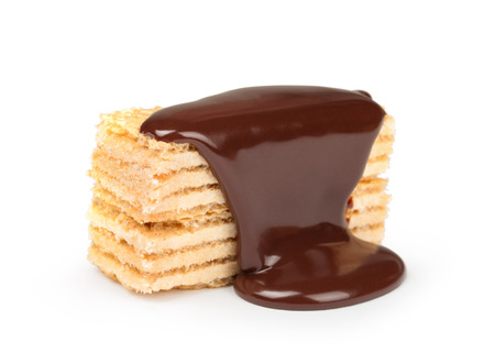 chocolate poured on Tasty wafflesの写真素材