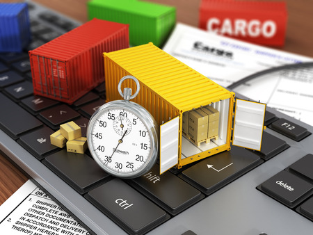 Ship containers on the keyword. Concept of delivering, shipping or logistics.の写真素材