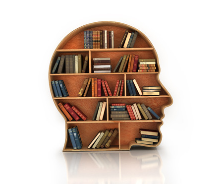 Wood Bookshelf in the Shape of Human Head and books with reflectionの写真素材