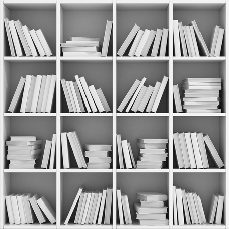 Library bookshelf full of books. White books on the white shelf.の写真素材