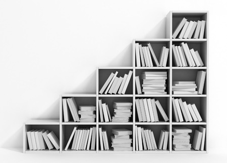 Library bookshelf full of books. White books on the white shelf.の写真素材