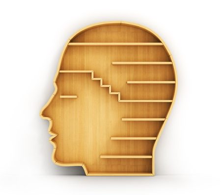 Concept of training. Empty bookshelf in form of man head. Science about human. Psychology. A human have no knowledge.の写真素材