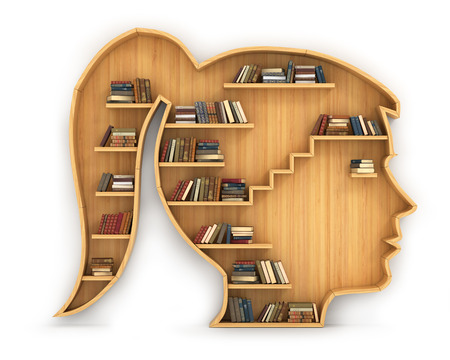 Concept of training. Wooden bookshelf in form of woman head. Science about human. Psychology. A human have more knowledge.の写真素材