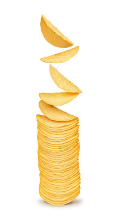 a stack of potato chips on isolated white backgroundの写真素材