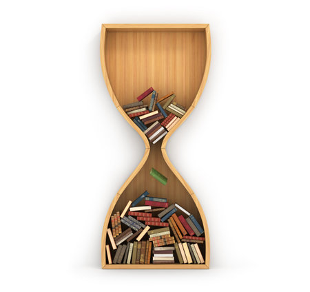Wooden bookshelf full of books in form of hourglass