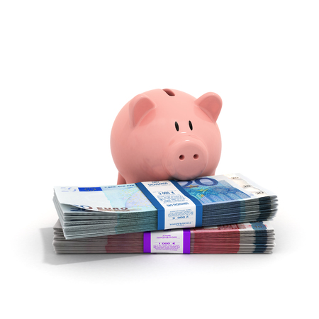 Piggy bank placed at the stacks of Euro bills isolated on white backgroundの写真素材