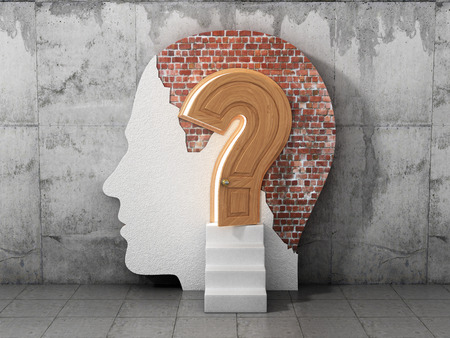 Concept lot of answers to the question. The opened doors in form of question sign in human head. Abstract. What is being done in your head.の写真素材