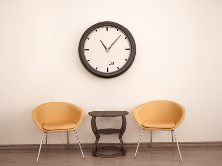 3d illustration of Waiting room. Chair, table, clock