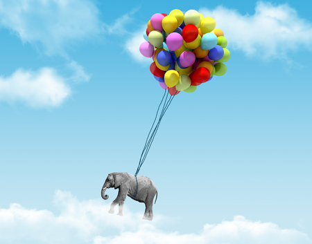 An elephant being lifted by balloonsの写真素材