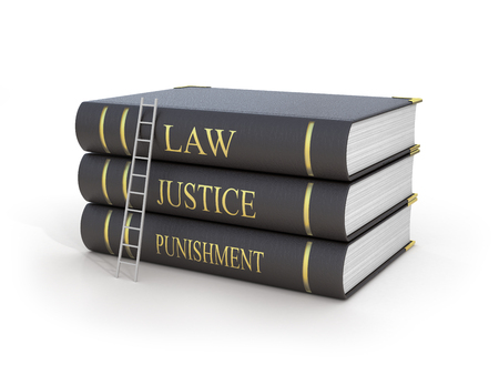 Concept of fair trial. Staircase upstairs three books with name law, justice and punishment on a white background.の写真素材