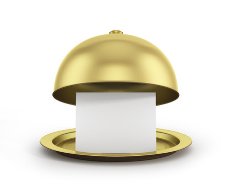 Gold restaurant cloche with paper template on white background.の写真素材