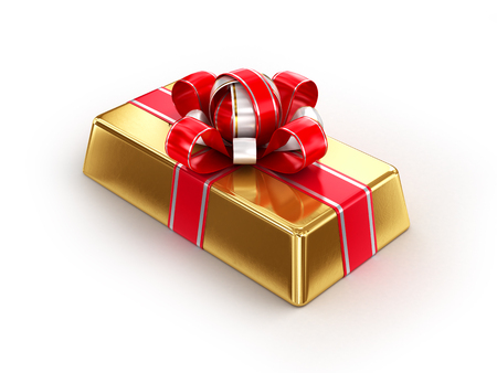 Gold Bar with Red Ribbonの写真素材