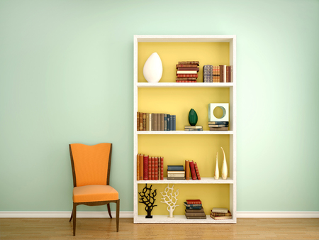 3d illustration of books on the shelves of the decor in the interior and an orange chairの写真素材