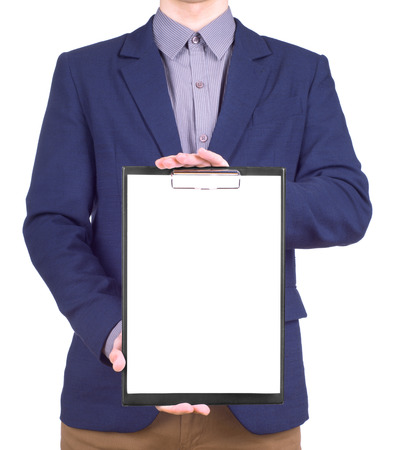 Businessman holding clipboard. Isolated on white backgroundの写真素材