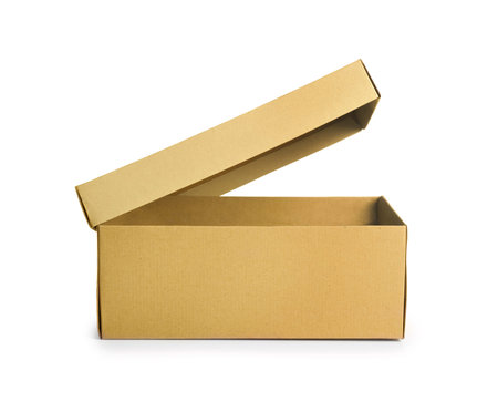 Cardboard box. Front View. With shadows and isolated on white.