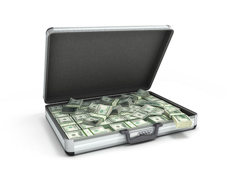 3d illustration of an open metal case with black handle full packs of dollar bills isolated on white backgroundの写真素材