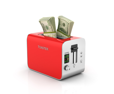 Concept of money. Financial business concept. Stack of money in the red modern toaster. 3d illustrationの写真素材