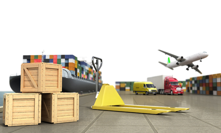 ship in the dock and freight on the dock hand truck and boxes in the foreground concept of different directions deliveries. 3d renderの写真素材