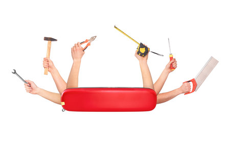 Swiss knife with hands that hold a variety of tools isolated on white