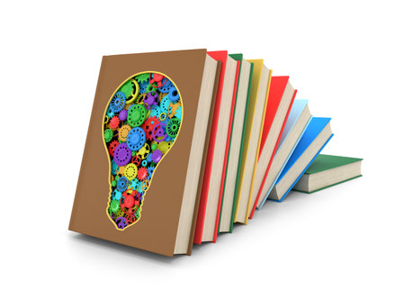 A set of books where one of the books is cut in the form of a light bulb inside which multicolored...