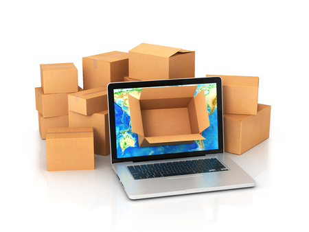 Concept of delivery. Opened cardboard box in the screen of laptop with cardboard boxes near him on a white background. 3d illustrationの写真素材
