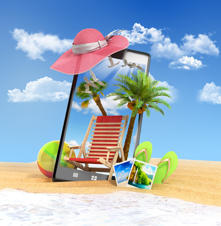 different objects on a summer theme look out from the phone screen is inserted in the sand on the beach 3d renderの写真素材