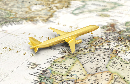 ?oncept of flight, journey. Golden aircraft on the world map. 3d illustrationの写真素材