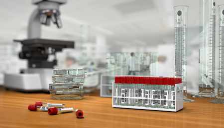 3D render, illustration.Science concept, Chemical laboratory glassware, glass test tubes for bloodの写真素材