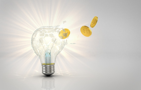 Concept of saving electrical. Coins emitted from a hole punched in the destruction of a glowing light bulb. 3d illustrationの写真素材