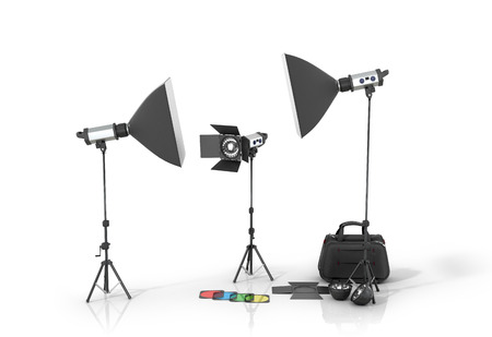 Photo studio equipment on a white bacground.3D illustrationの写真素材