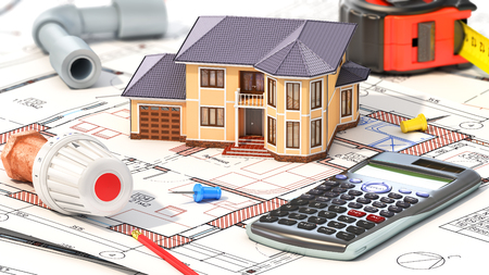 Construction concept. Project of heating for house. House with parts of heating on the blueprints. 3d illustrationの写真素材