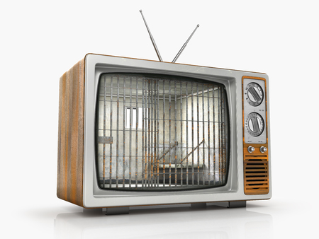 TV as prison. Old prison cell in the screen of old TV. Dependence on television. 3d illustrationの写真素材