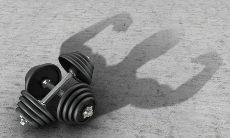 Ferrous metal dumbbell human silhouette casts a shadow on the concrete.3D illustrationの写真素材