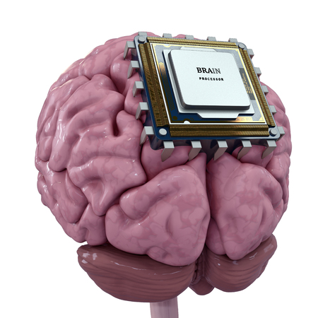 Human brain with computer processor isolated on white. Concept 3d render, illustrationの写真素材