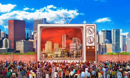 Mass media concept. Crowd of people near fence watch to old tv. On the screen, bad image. Behind the...