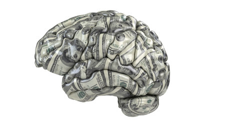 Human brain whith dollars texture isolated on white. Concept 3d render, illustration