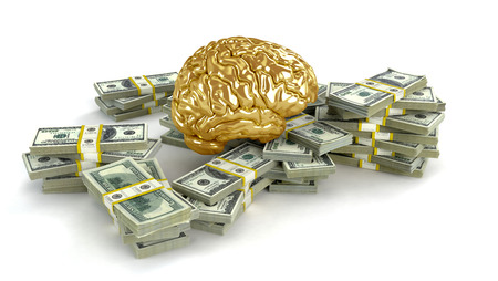 Human gold brain whith big stacks of dollars isolated on white. Concept 3d render, illustrationの写真素材