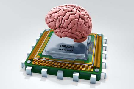 Human brain with computer processor isolated on white. Concept 3d render, illustration
